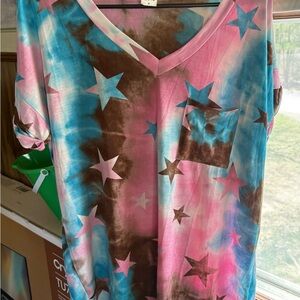 Blue and Pink Star Print V-Neck Top by Sew In Love. Size M.
